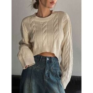 COMMENSE Cropped Boxy Cable Knit Sweater Beige‎ Pullover Crew Neck Cotton L